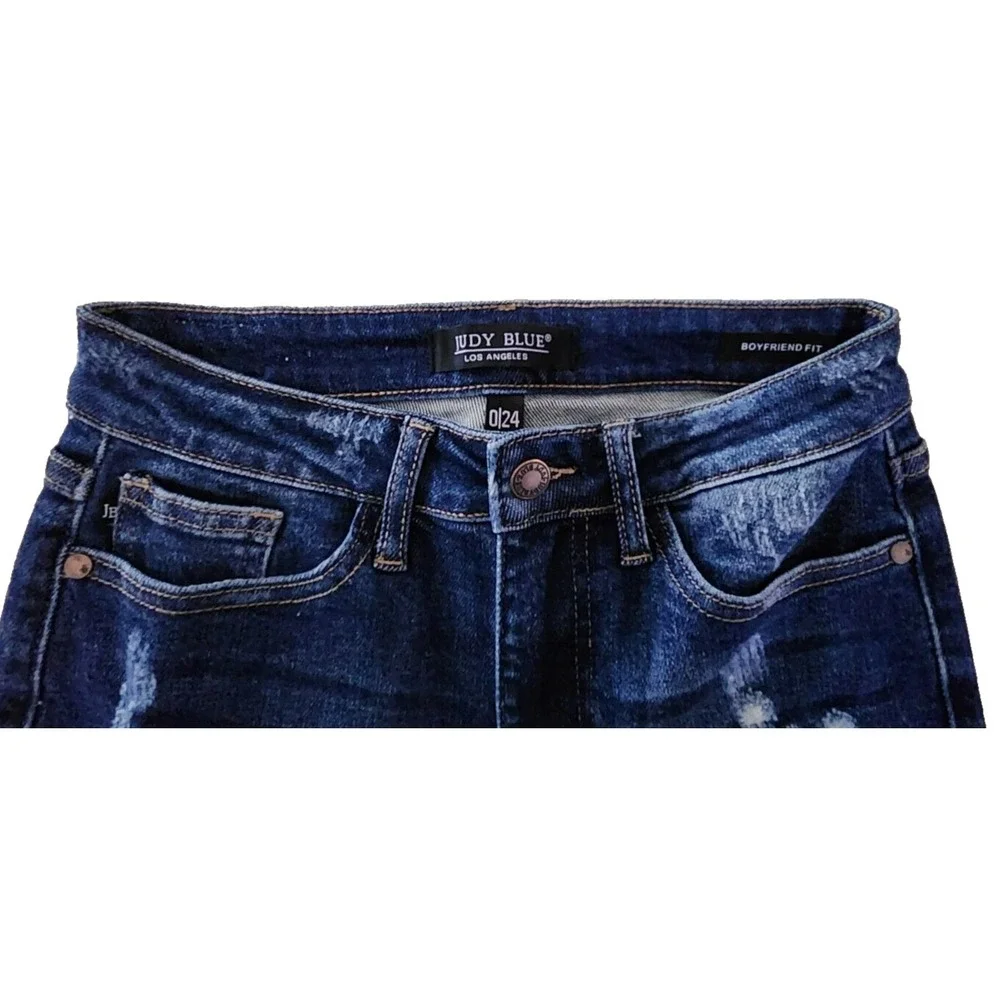 Judy Blue Boyfriend‎ Fit Jeans Women's Size 0/24 Blue Denim Stretch Distressed